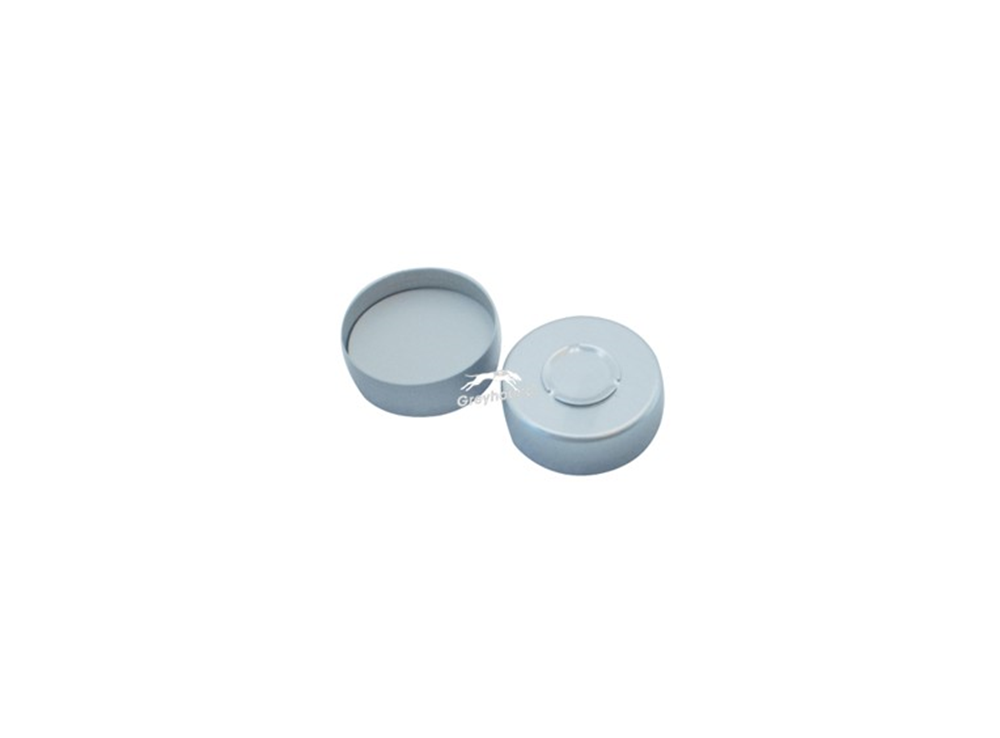 Picture of UltraClean 20mm Aluminium Crimp Cap, Silver, Centre Tear Out with Translucent Blue/White PTFE Septa, 3mm, (Shore A 45)